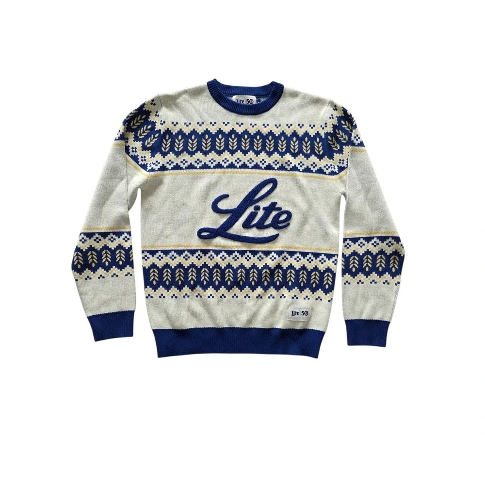 Miller Lite 50 Mens Knit Sweater M Beer Logo Fair Isle Holiday Christmas Retro